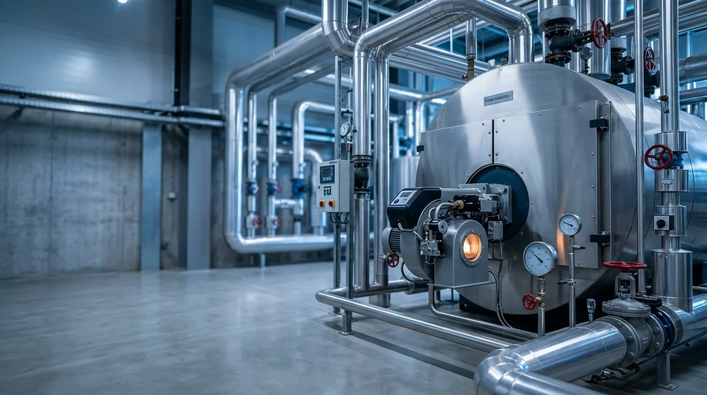 Industrial boiler room with a gas burner in operation