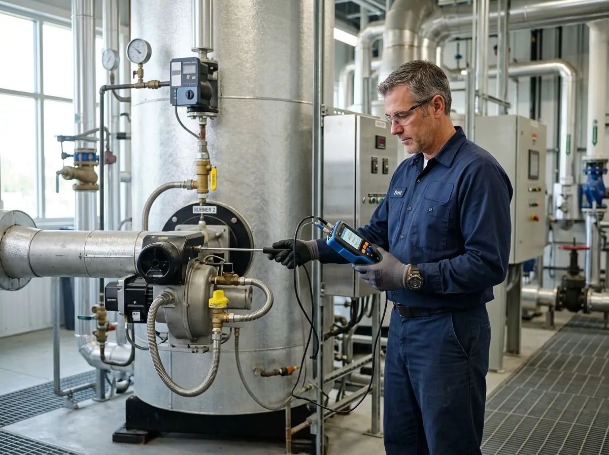 GAP Service technician performing a flue gas analysis on an industrial burner