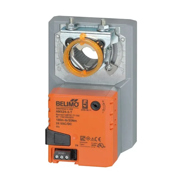 Actuador Belimo On-Off, 24 v, 90º en 80 a 110 seg, torque 20 Nm, con bornera, modelo AMX 24-3-T, acción estándar
