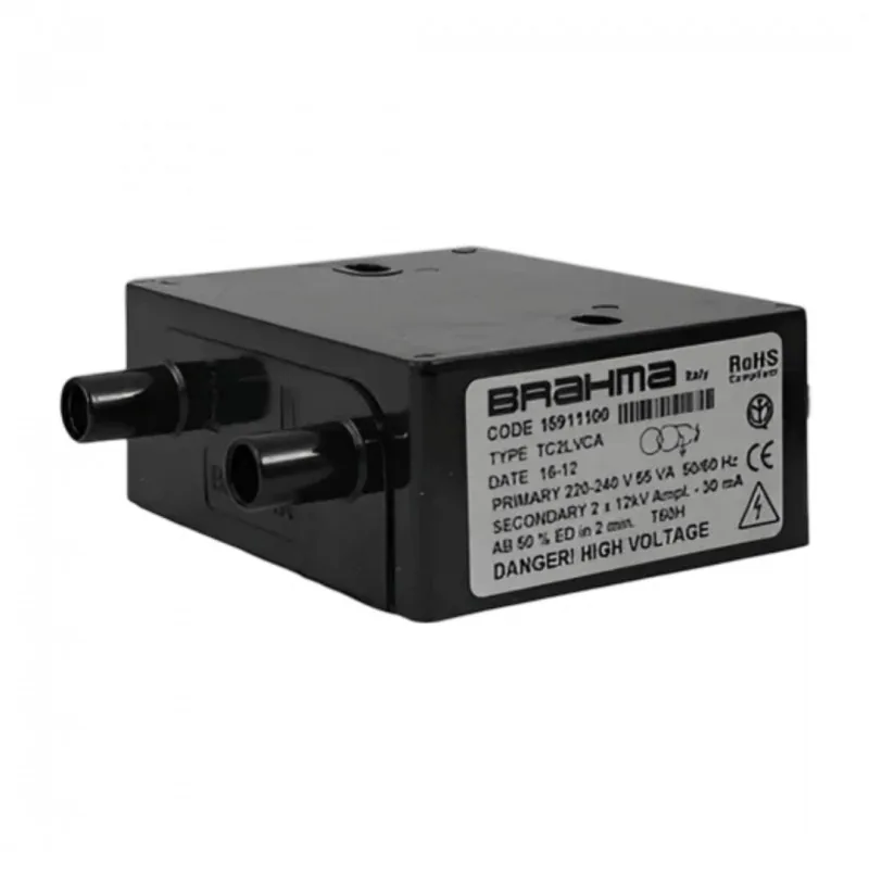 Transformador electrónico de ignición Brahma TC2LVCA para gas oil, 220-240V, 2x12 kV, intermitente, con chicotes, conexi